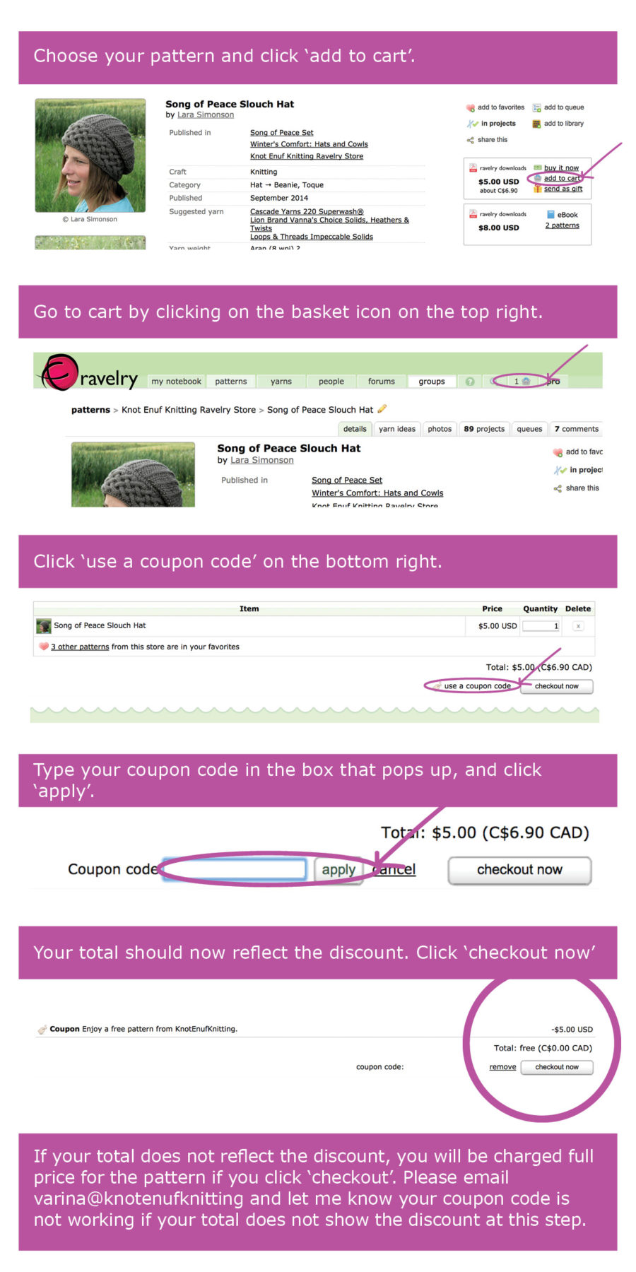 instructions for using a coupon code on ravelry for knotenufknitting_new